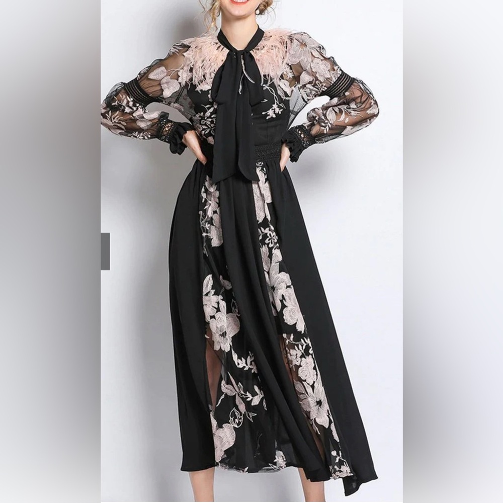 Hannah Feather Embroidered Chiffon Maxi Dress – XL (Runs Small) NWT